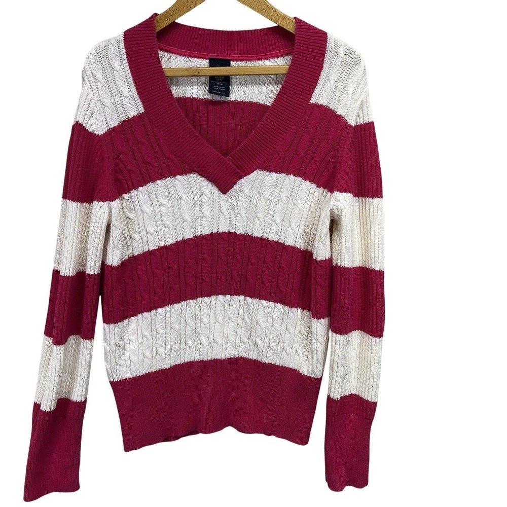 Faded Glory VTG Cable Knit Sweater Womens XXL 20 Pink White Striped V-Neck 90's‎